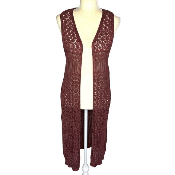 Moral Fiber Tops - Moral Fiber Crochet Cardigan Duster Medium Open Front Dusty Rose Boho Festival